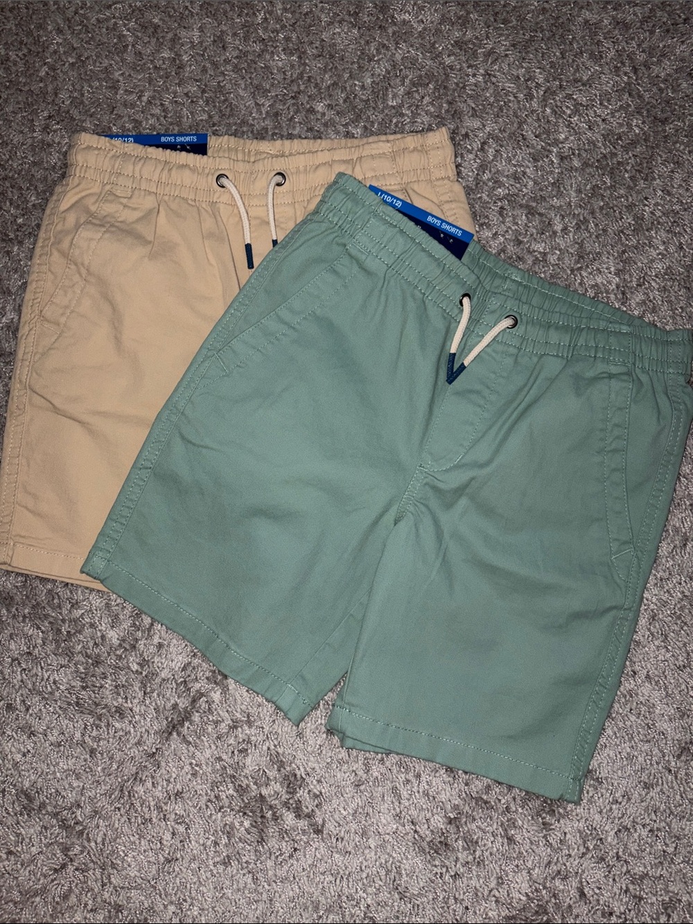 GAP kids Two-Pack Hybrid Shorts in Khaki and Sage Green. 10/12 Large